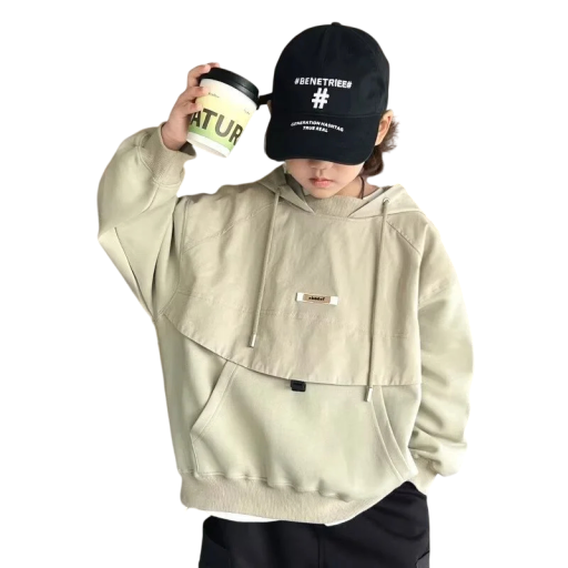 Sudadera ligera verde claro para niño con capucha y bolsillo frontal de manga larga y puños acanalados