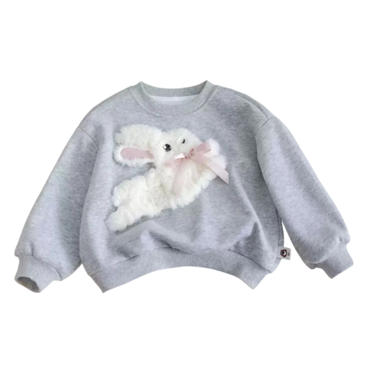 Sudadera para niña con conejo 3D de felpa con moño y escote redondo por la cabeza con mangas largas y puños de canalé