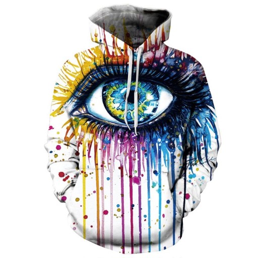 Sudadera unisex con capucha y estampado 3D de un ojo humano Fondo blanco con pintura de colores que gotean Bolsillo canguro Poliéster con spandex