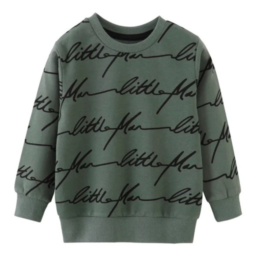 Sudadera verde para niño con letras y cuello redondo de manga larga