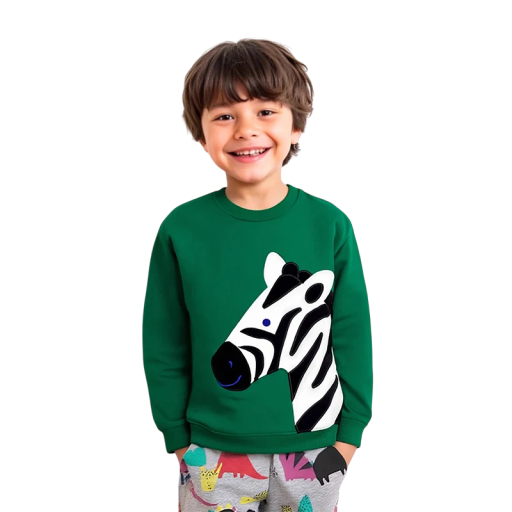 Sudadera verde para niños con bordado de cebra, cuello redondo y manga larga, para chicos