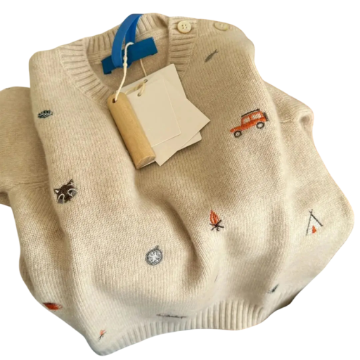 Suéter de punto para niños beige Suéter de acrílico para niños y niñas con bordado de dibujos O escote Botones decorativos en el hombro Otoño Invierno Suéter de punto para niños beige Suéter de acrílico para niños y niñas con bordado de dibujos O escote Botones decorativos en el hombro Otoño Invierno