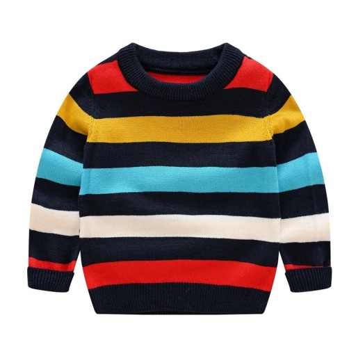 Suéter de rayas de colores para niños de poliéster de manga larga con cuello redondo, suéter unisex de moda para niños y niñas, estilo de otoño e invierno