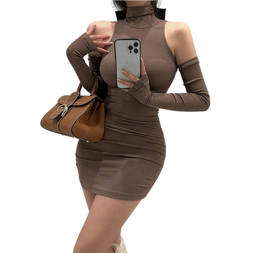 Sukienka mini z wysokim kołnierzem i odkrytymi ramionami Oddzielne długie rękawy Seksowny krój bodycon Elegancka sukienka wieczorowa Materiał elastyczny