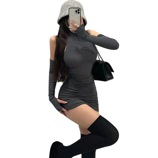 Sukienka mini z wysokim kołnierzem i odkrytymi ramionami Oddzielne długie rękawy Seksowny krój bodycon Elegancka sukienka wieczorowa Materiał elastyczny
