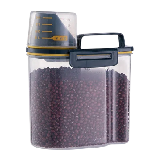 Suljettu ruokasäiliö koirille ja kissoille 1,5 kg 15,5 x 11 x 22 cm Muovinen astia ilmatiiviillä kannella ja mittakupilla kuiville rakeille