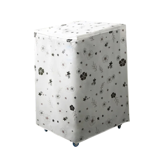 Suojapeite ylhäältä täytettävälle pesukoneelle 86 x 62 x 55 cm Mustavalkoinen kukkamotiivi Vetoketju ylhäällä ja edessä PEVA pölyltä ja likaantumiselta