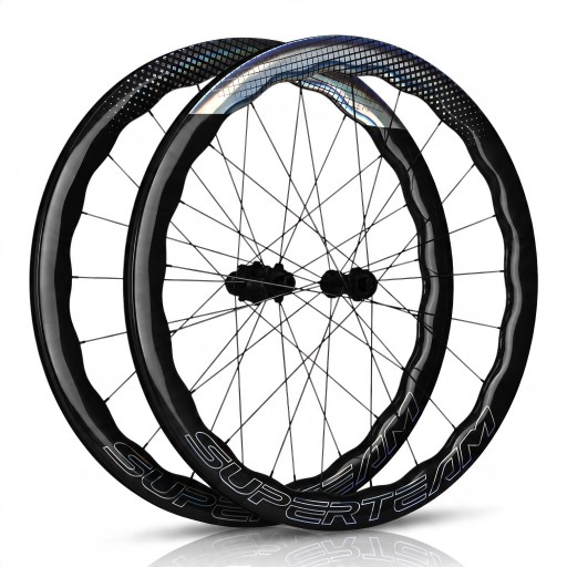 SUPERTEAM 700C Wielset 50 mm Golfprofiel Clincher Tubeless As 12 x 100 en 12 x 142 mm Shimano HG Zwart Voor Schijfremmen