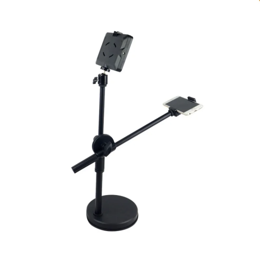 Suporte de mesa com braço rotativo a 360° Suporte ajustável para telefone Luz LED Suporte articulado para fotografia Streaming Criação de conteúdo