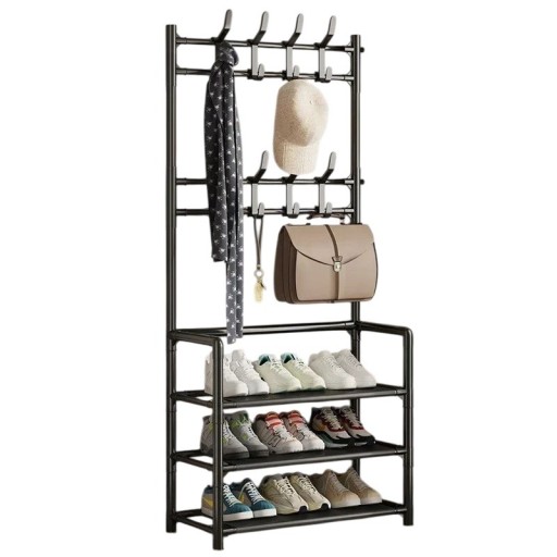 Suporte de roupas e sapatos de várias camadas com 3 prateleiras e 8 ganchos, organizador de plástico de pé para o chão, dimensões 135 x 60 x 25 cm