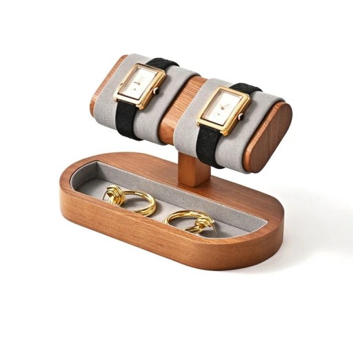 Suporte para 2 relógios com espaço de armazenamento para joias 17,5 × 9 × 2 cm suporte de madeira com almofadas de couro sintético e forro