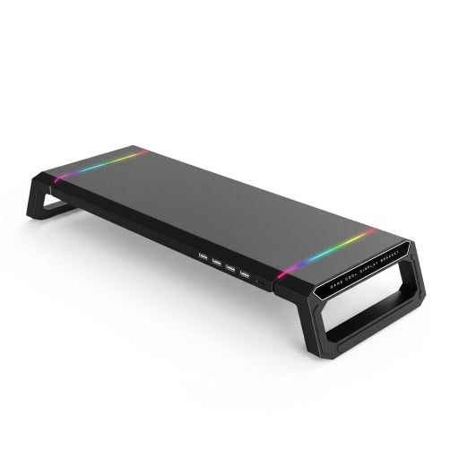 Suporte para monitor 55 x 7,5 cm com gaveta de armazenamento e suporte para telefone com iluminação RGB e portas USB prateleira preta para mesa