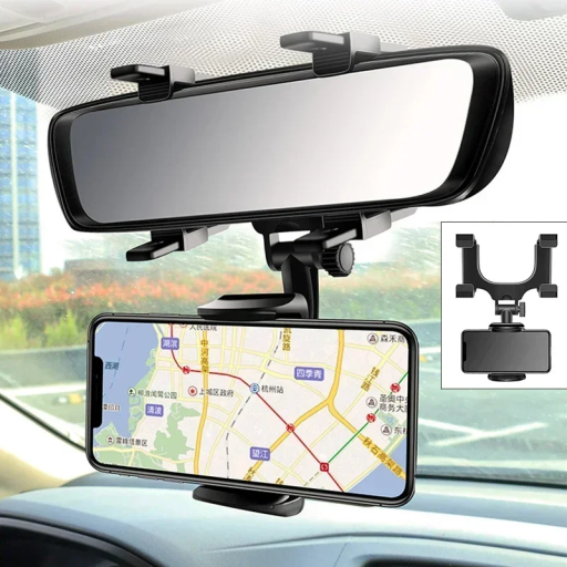 Suporte para telefone no carro para espelho retrovisor 360° rotativo em plástico ABS Controlo com uma mão Para telefones de 4–7 polegadas Suporte