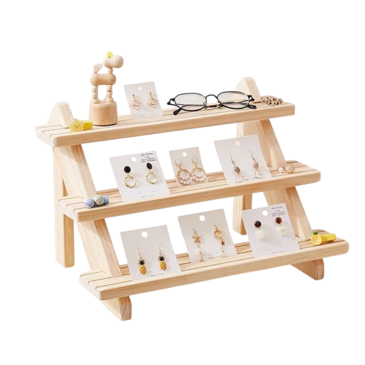 Supporto in legno per gioielli con 3 ripiani e 3 scanalature su ogni ripiano, organizer da tavolo per orecchini, anelli e orologi