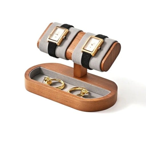 Supporto per 2 orologi con spazio di archiviazione per gioielli 17,5 × 9 × 2 cm supporto in legno con cuscini in pelle artificiale e inserto