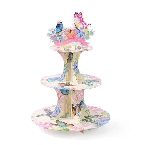 Supporto per cupcakes a 3 piani con motivo di farfalle e fiori Supporto romantico per dolcetti muffin e dessert Supporto in carta per sweet table