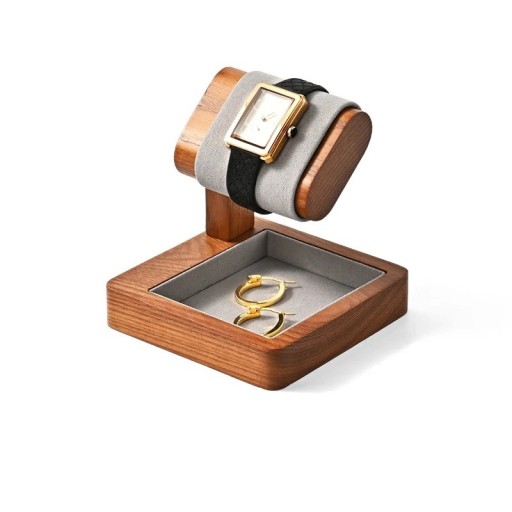 Supporto per orologi con ciotola per gioielli 10 × 10 × 2 cm supporto in legno con cuscino in ecopelle e scomparto in microfibra