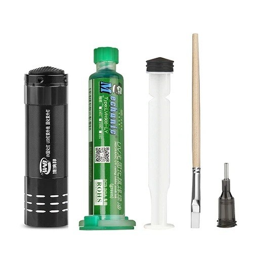 Súprava 5v1 MECHANIC Green Oil UV zelený lak na opravu PCB dosiek BGA s UV svetlom striekačkou a dávkovacími nástrojmi