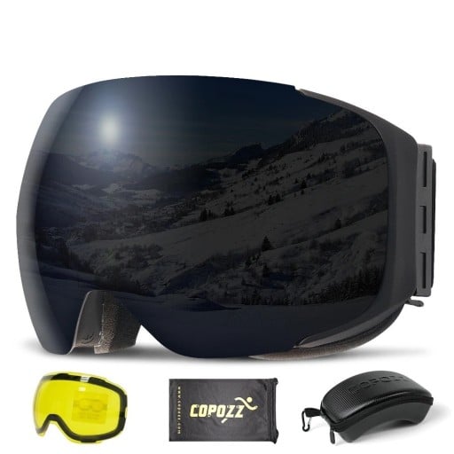 Súprava s lyžiarskymi okuliarmi, vymeniteľnou žltou šošovkou, látkovým obalom a puzdrom na okuliare Zrkadlové okuliare na lyže a snowboard
