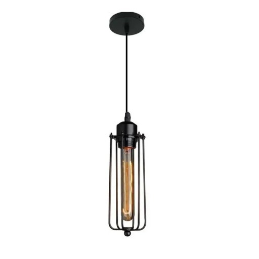 Suspended metal light fitting with a narrow cage and E27 socket in industrial style, matte black, diameter 10 cm and height 40 cm for bars or kitchens