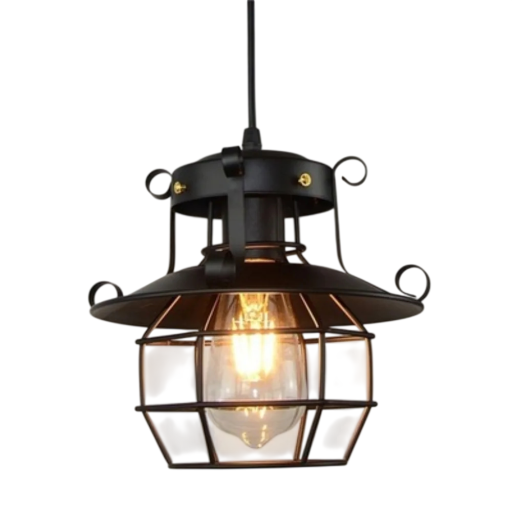 Suspension métallique avec abat-jour en forme de cloche et cage, douille E27 au style rétro, noir mat, largeur 23 cm, pour bar ou cuisine