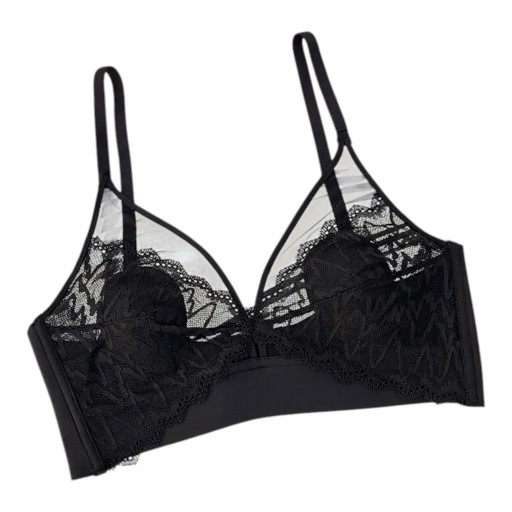 Sutiã bralette de renda sem aros com decote em V e rede transparente com faixa larga na parte inferior e alças finas