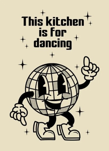 Suuri retro juliste 50 x 70 cm Tanssiva disco pallo This Kitchen Is For Dancing Keittiökoriste Kankaalle painettu ilman kehystä