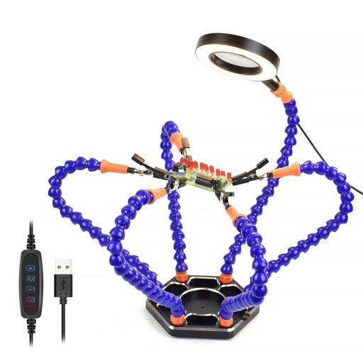 Svařovací opravná stanice 3× LED lupa základna hliníková slitina modro oranžová s kloubovými rameny pro pájení elektroniky