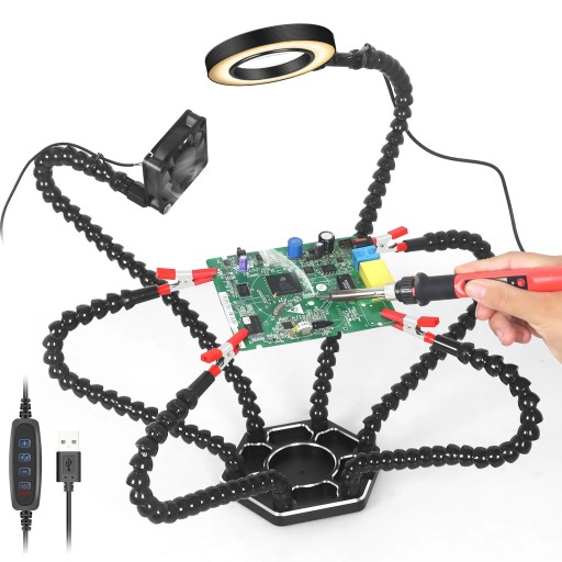 Svařovací opravná stanice LED lupa s ventilátorem základna 14 × 12 cm hliníková slitina černá s červenými svorkami pro pájení