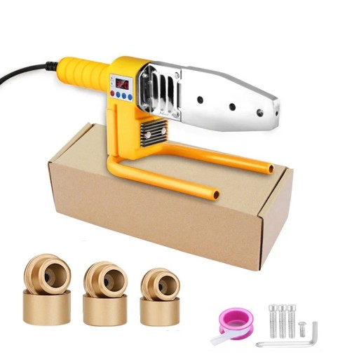 Svařovací stroj na trubky 800W 220V s nástavci kovový žluto-stříbrný pro svařování plastových trubek instalace rozvodů