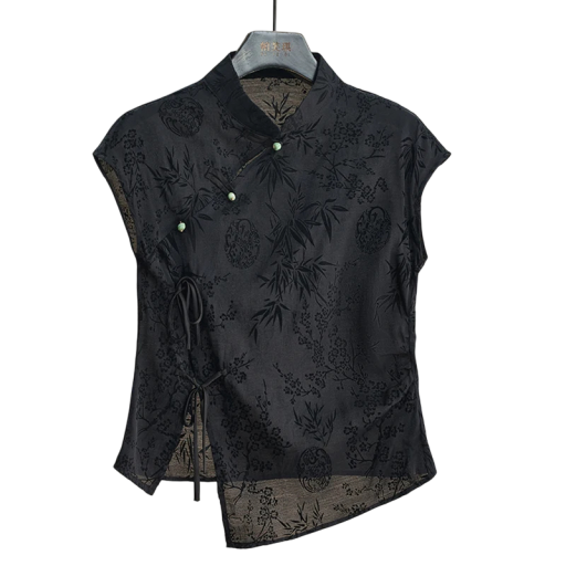Svart retro asymmetrisk ärmlös blus med blommönster Lätt sommartopp Elegant damtunika i vintagestil