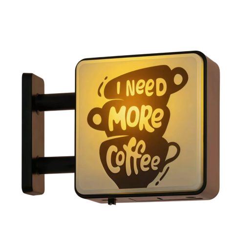 Svítící magnetka cedule I Need More Coffee cca 4 cm dekorativní magnet s podsvícením žlutá černá na lednici a tabuli