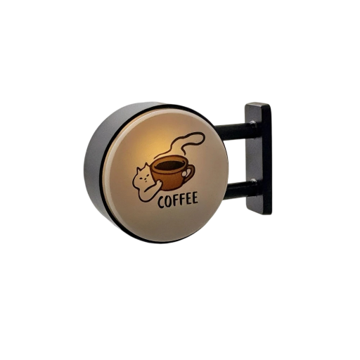 Svítící magnetka Coffee kulatá cedule cca 4x6 cm LED podsvícení bílá dekorativní magnetická cedulka s kočkou na lednici