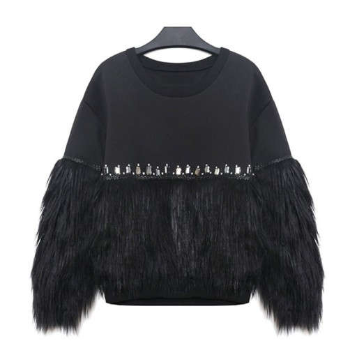 Sweat noir pour femmes avec de longues franges duveteuses sur les manches et le bas Bande décorative de pierres Rond col Polyester et coton