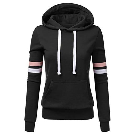 Sweat-shirt à capuche pour femmes avec des rayures contrastées sur les manches Cordon de serrage blanc Poche kangourou Bords côtelés