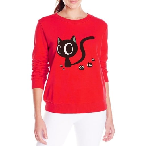 Sweat-shirt femme sans capuche avec impression de chat noir aux grands yeux Col rond Manches longues Bords côtelés