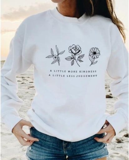 Sweat-shirt pour femmes avec imprimé floral et inscription anglaise Matériau en coton Col rond Manches longues Bords côtelés