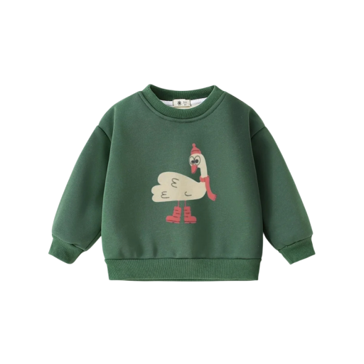 Sweat-shirt vert pour garçon avec impression d'oie et col rond à enfiler avec manches longues et bords côtelés