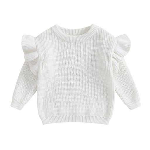 Sweater de bebé tricotado com folhos em algodão e acrílico de manga longa top solto de cor única com decote redondo O-neck para meninas e meninos