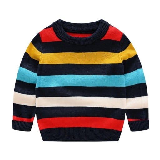 Sweater de malha riscada colorido para crianças em poliéster com mangas longas e decote redondo, sweater unisex moderno para rapazes e raparigas