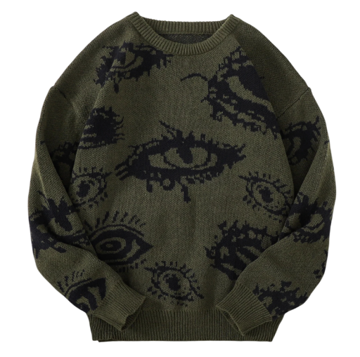 Sweater masculino com decote redondo Sweater de malha de uma só cor com padrão abstrato de olho Manga longa Sweater estiloso de outono e inverno Poliéster