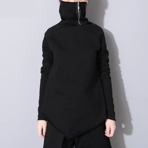 Sweatshirt assimétrica feminina com alto colarinho com fecho zip Bainha terminada à frente em ponta Corte solto Mangas longas Preta Poliester