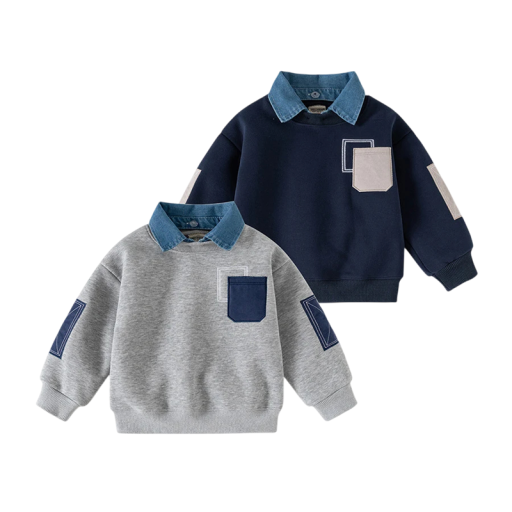 Sweatshirt de menino com colarinho de camisa e bolso no peito, decote redondo e mangas longas para rapazes