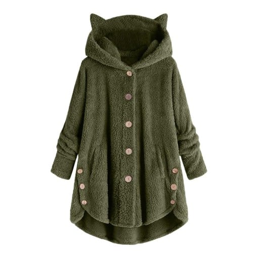 Sweatshirt feminina felpuda com capuz e orelhas de gato Corte mais longo com botões e bolsos Bainha arredondada com botões