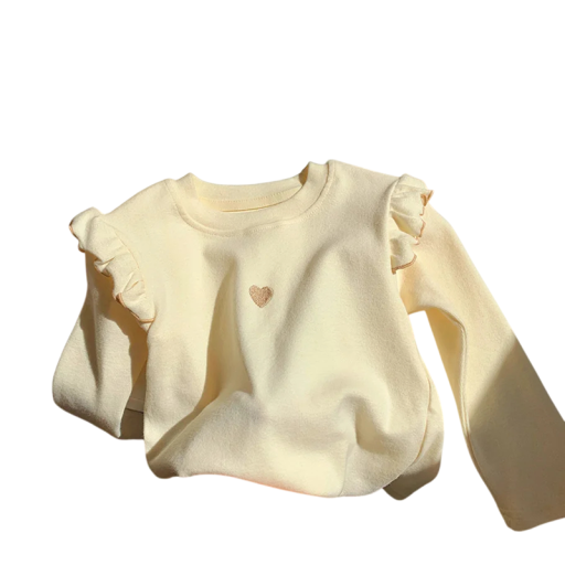 Sweatshirt infantil com coração no peito Algodão e poliéster Manga longa com franzido nos ombros Top de cor sólida com decote