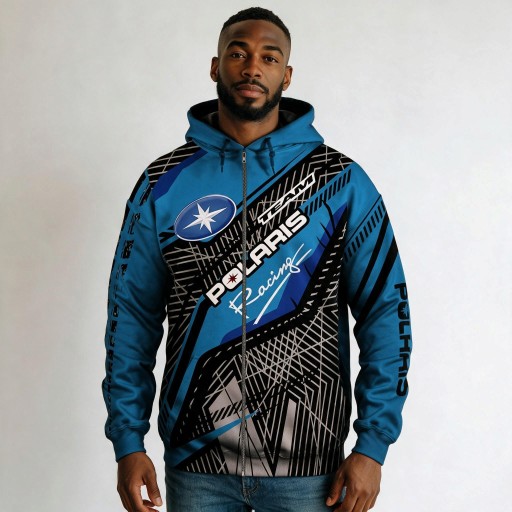 Sweatshirt masculina com fecho éclair, capuz e cordão de ajuste com estampado de riscas diagonais e linhas geométricas em estilo motocross azul