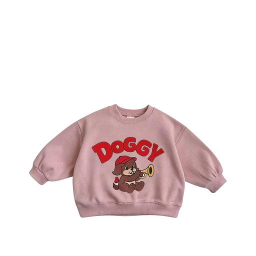 Sweatshirt pour enfants avec un chien dessiné Manches longues Col rond Coton et polyester Pull uni pour garçons et filles dans différentes couleurs