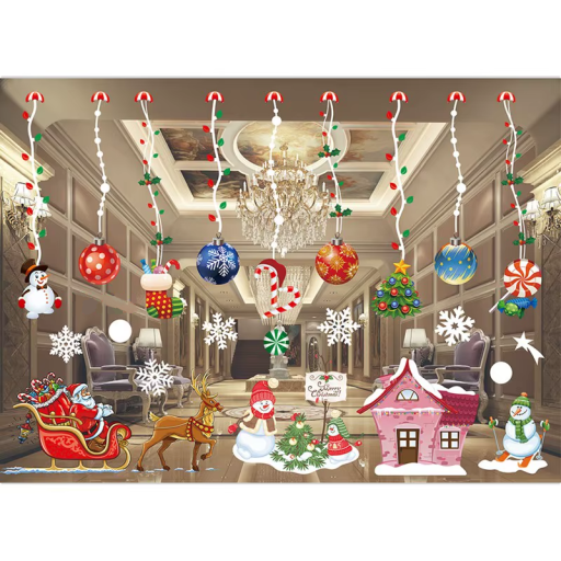 Świąteczne naklejki na okno 55 x 75 cm PVC zestaw ozdób ze śnieżkami, płatkami śniegu i ośnieżonym domkiem Zimowa dekoracja na szkło