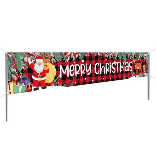 Świąteczny baner zewnętrzny 200 x 40 cm Czarno-czerwony w kratkę z Mikołajem, reniferem i prezentami Białe napisy Wesołych Świąt Dekoracja na fasadę