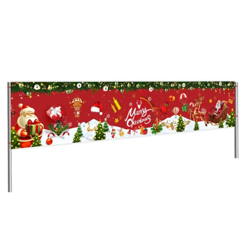 Świąteczny banner 200 x 40 cm Czerwony poliesterowy zawieszek z zaśnieżonym krajobrazem i choinkami z białym napisem Wesołych Świąt do dekoracji domu